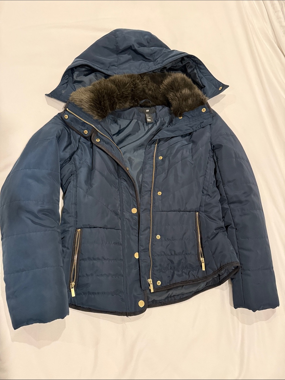 H&M Navy Blue Quilted Puffer Jacket with Faux Fur Trim Hood